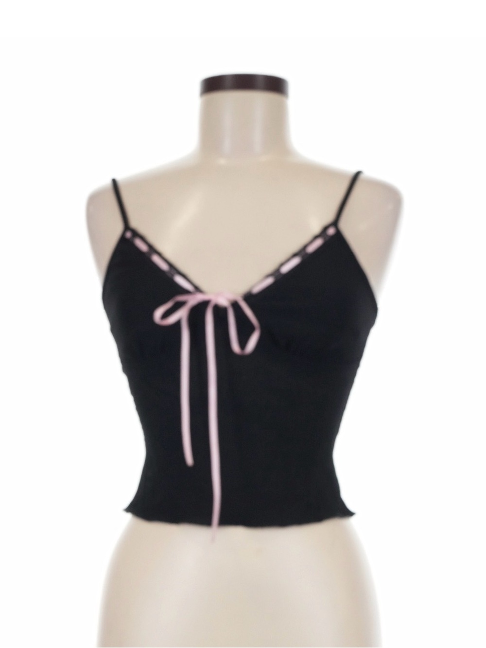 Y2K Black and Pink Ribbon-Trim Camisole Top - Picture 1 of 6